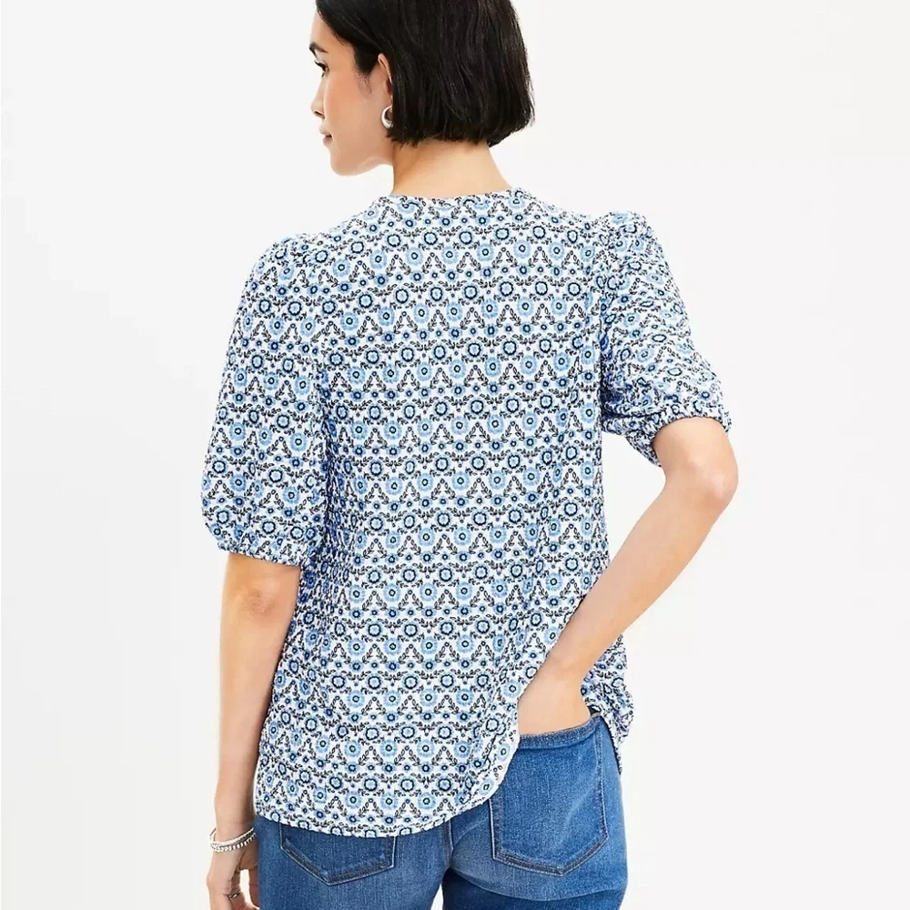 LOFT Blue and White Fitted Tie Front Blouse